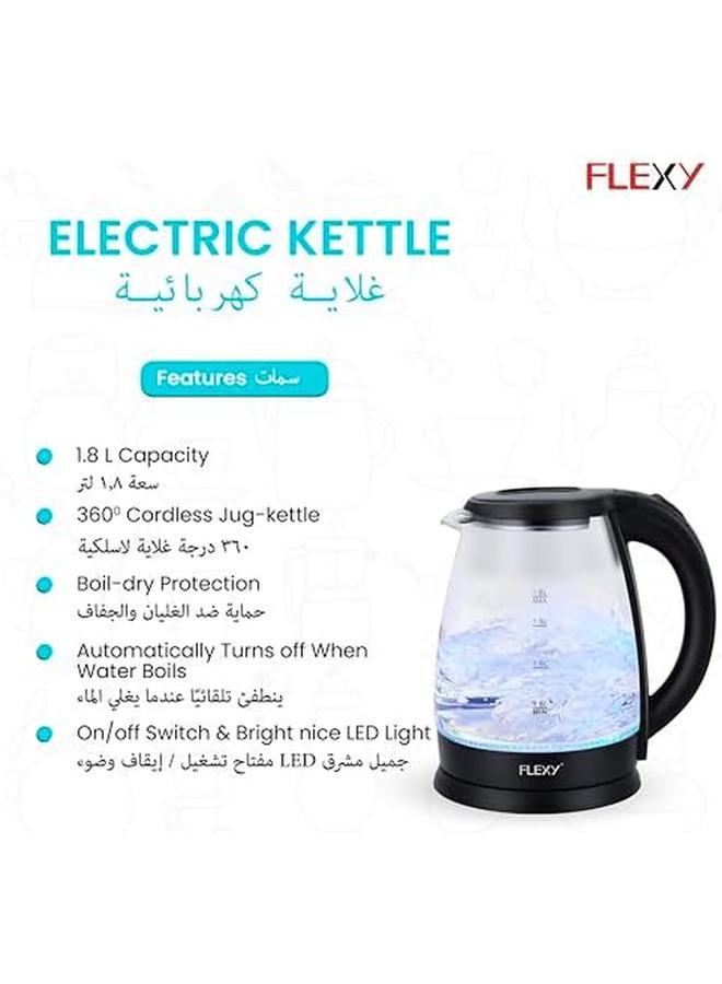Flexy 1.8 Liter Glass Body Electric Cordless Kettle With 360° Swivel Base Power Cord Storage Auto Cut Off Function Led Indicator 1500 Watts - Image 4