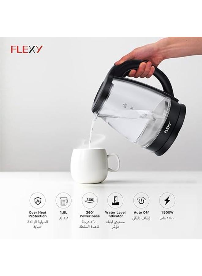 Flexy 1.8 Liter Glass Body Electric Cordless Kettle With 360° Swivel Base Power Cord Storage Auto Cut Off Function Led Indicator 1500 Watts - Image 3