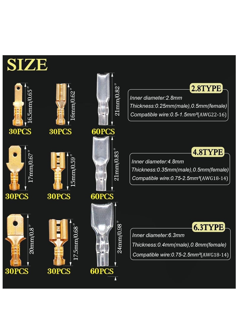 Y&D - 360Pcs 2.8/4.8/6.3mm Quick Splice Male and Female Wire Spade Connector Crimp Terminal Block Assortment Kit Golden with Insulating Sleeve forCar Audio Speaker - Image 1