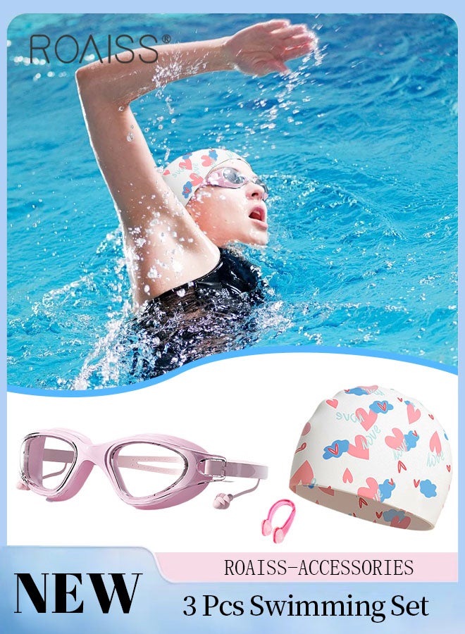 رويس مجموعة نظارات سباحة مكونة من 3 قطع للنساء، نظارات سباحة عالية الدقة مقاومة للماء والضباب، معدات سباحة خارجية مع نظارات سباحة، وغطاء سباحة، ومشبك أنف للرياضات المائية - Image 1