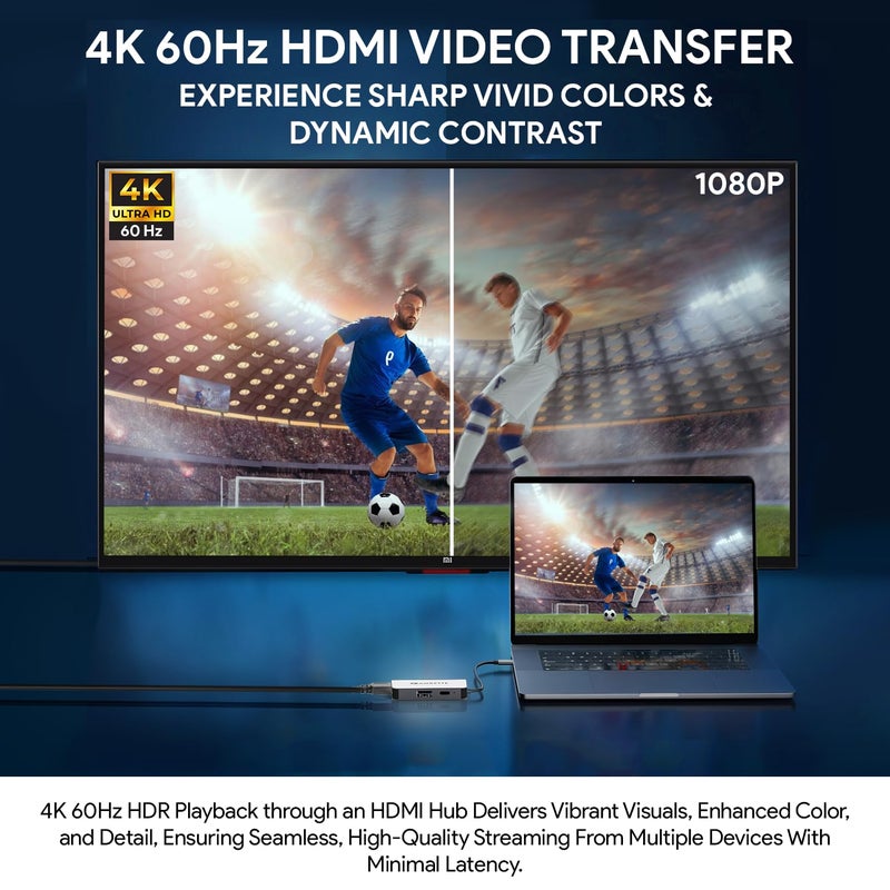 Amkette محول 3 في 1 Type C إلى HDMI بتردد 60Hz، مركز USB C متعدد المنافذ مع 4K@60Hz، USB 3.0 @ 5Gbps، منفذ شحن PD بقوة 100W لأجهزة اللابتوب، ماك بوك، PC وأجهزة Type C الأخرى - Image 5