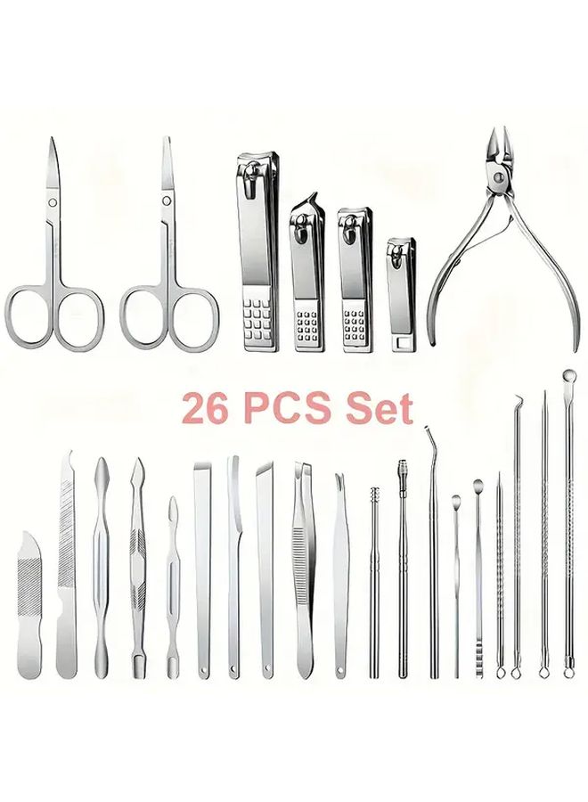 26 Piece Professional Manicure And Pedicure Kit Stainless Steel Nail Care Tools With Pink Handles Includes Scissors Eyebrow Tweezers Foot File In Metal Case For Home Salon Use - Image 3
