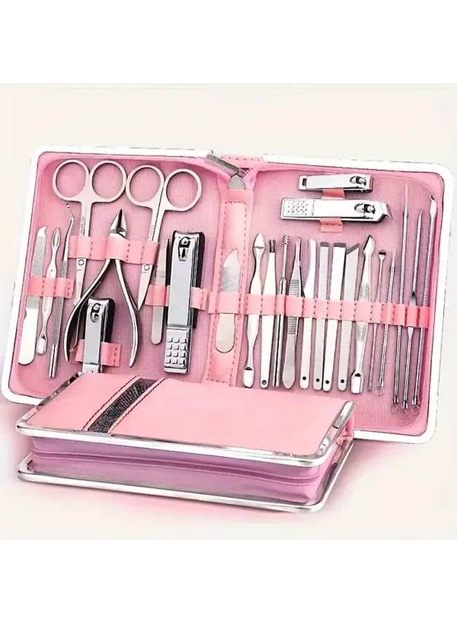 26 Piece Professional Manicure And Pedicure Kit Stainless Steel Nail Care Tools With Pink Handles Includes Scissors Eyebrow Tweezers Foot File In Metal Case For Home Salon Use - Image 1