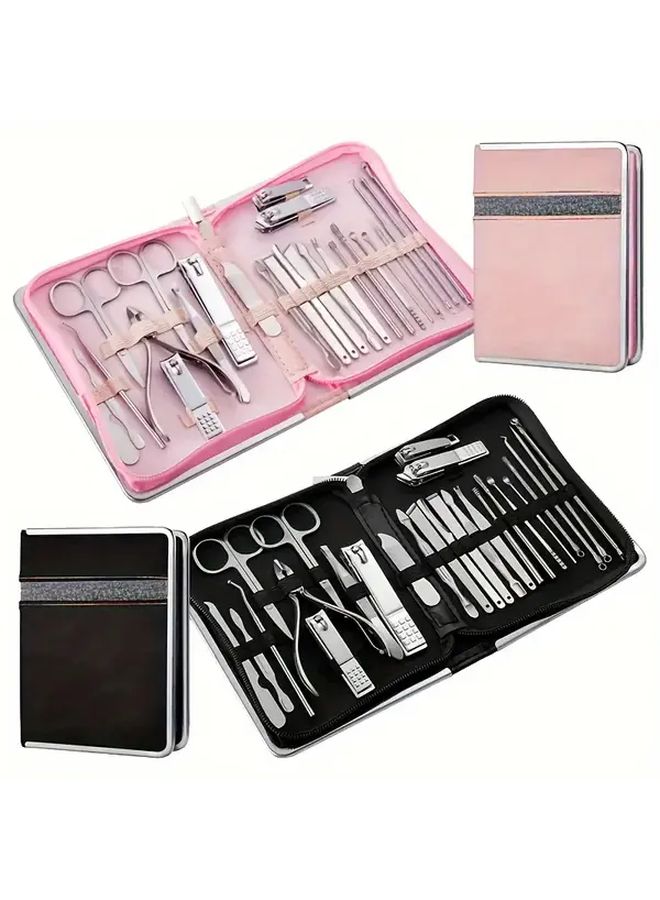 26 Piece Professional Manicure And Pedicure Kit Stainless Steel Nail Care Tools With Pink Handles Includes Scissors Eyebrow Tweezers Foot File In Metal Case For Home Salon Use - Image 2