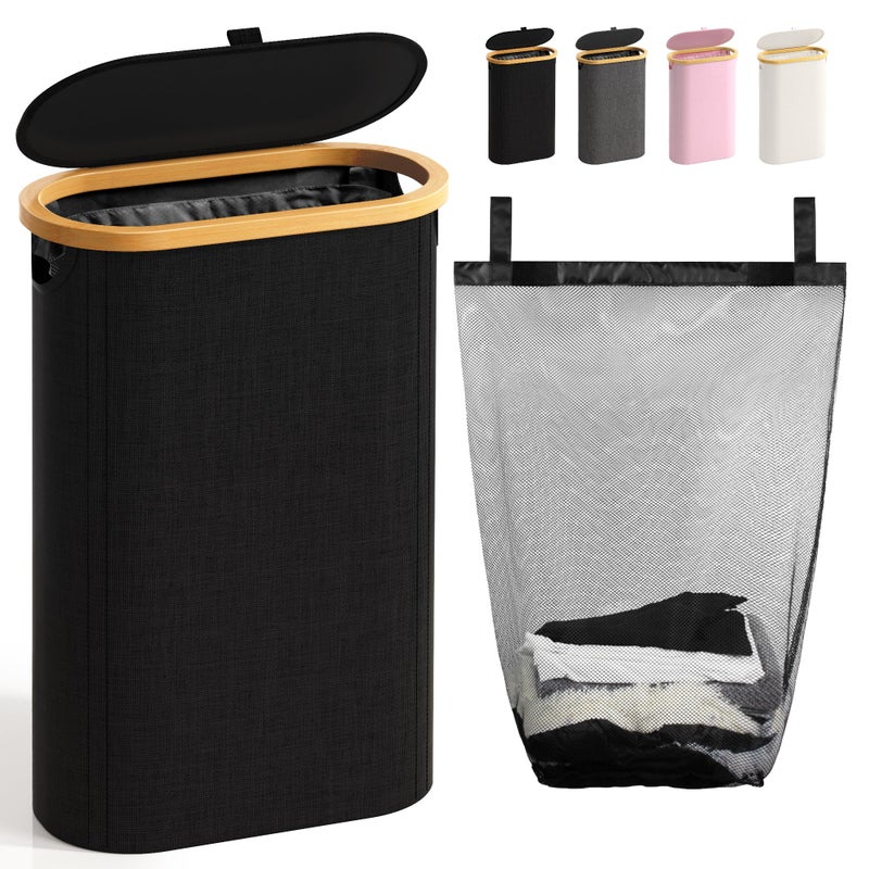 Slim Laundry Hamper with Lid 60L Small Laundry Basket with HandlesRemovable Bag Thin Dirty Clothes Hampers for Laundry Narrow Laundry Hampers for Bedroom Aesthetic Black