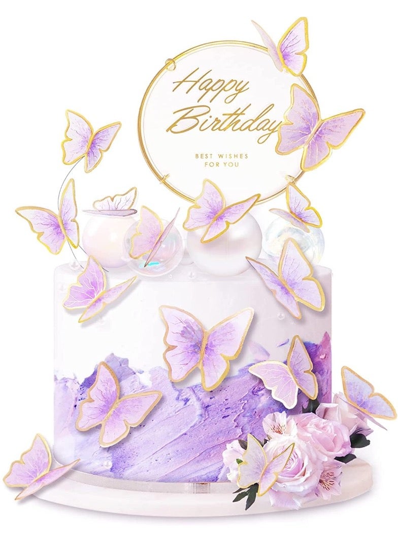 FengSVMA 11 Pieces Purple Gold Butterfly Cake Toppers Metal Gold Happy Birthday Cake Topper Butterfly Birthday Cake Decorations Cake Butterfly Party Decorations - Image 1