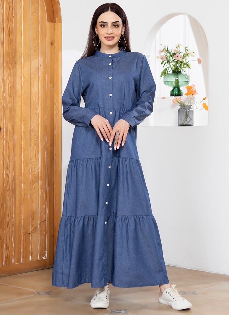 Casual Round neck Solid color Buttons Regular sleeve Long Dresses Blue