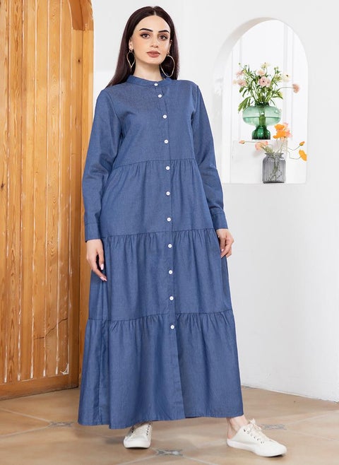 Casual Round neck Solid color Buttons Regular sleeve Long Dresses Blue