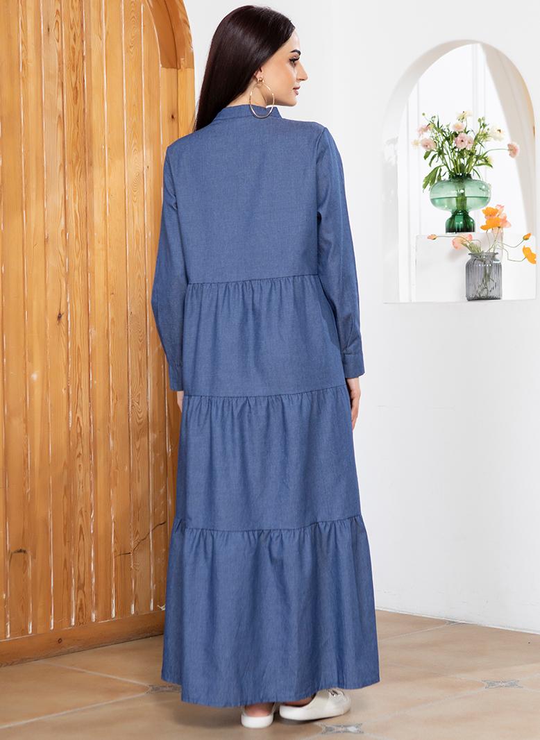 Casual Round neck Solid color Buttons Regular sleeve Long Dresses Blue