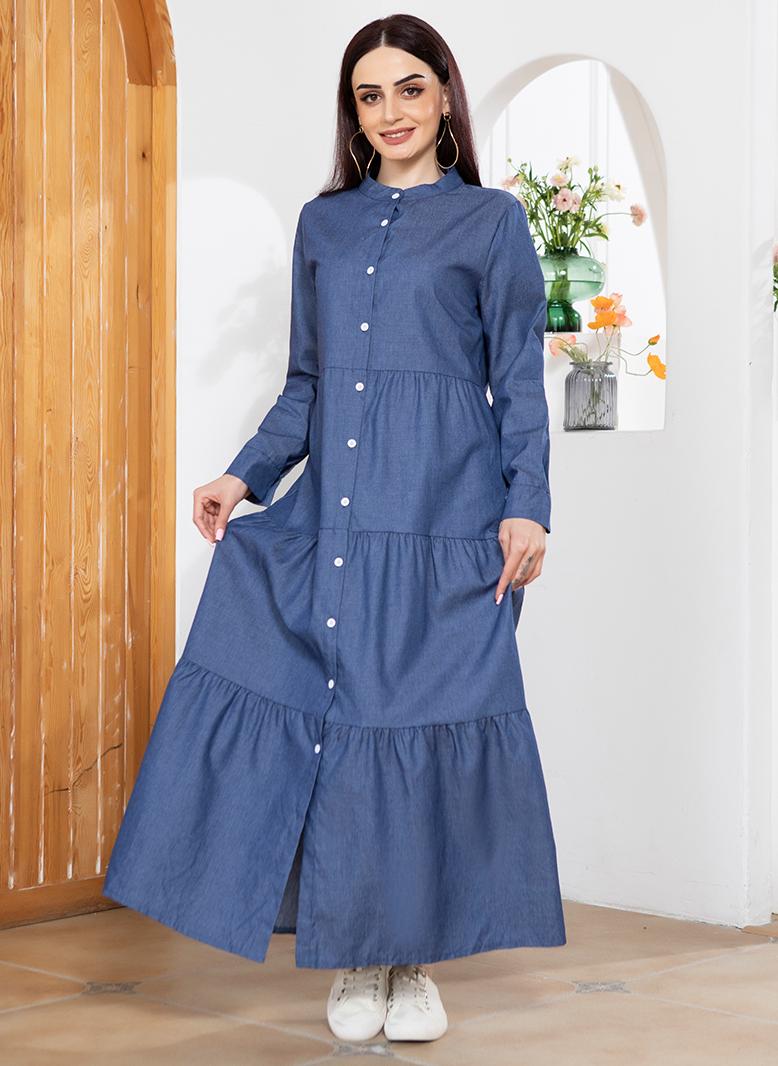 Casual Round neck Solid color Buttons Regular sleeve Long Dresses Blue