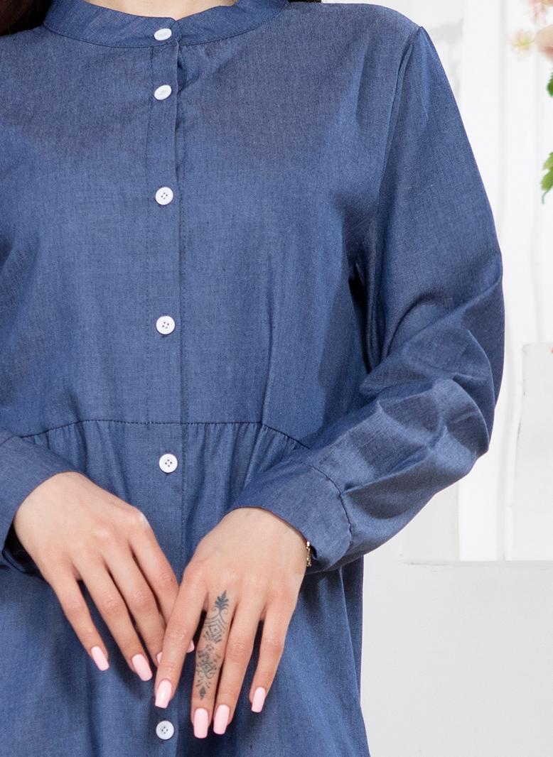 Casual Round neck Solid color Buttons Regular sleeve Long Dresses Blue