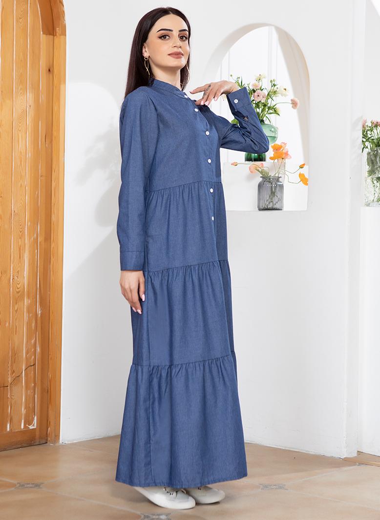 Casual Round neck Solid color Buttons Regular sleeve Long Dresses Blue