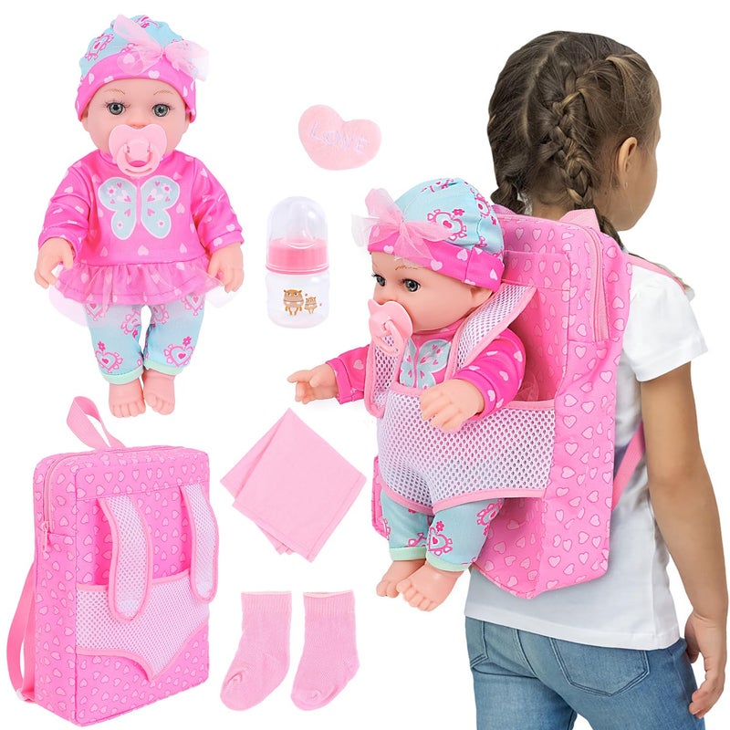 DONTNO 12 Inch Baby Doll with Clothes and Backpack CarrierReborn Baby Doll with Bottles Nipple - Image 4
