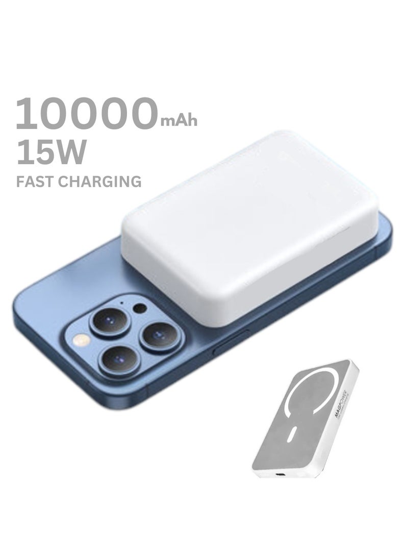 traditious - 10000mAh Magnetic Wireless Power Bank – 15W Fast Charging MagSafe Battery Pack for iPhone 16/15/14/13/12 Series | Portable & Compact Charger – White - Image 1