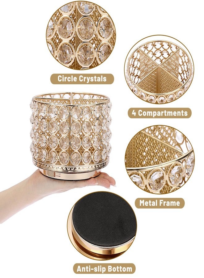 بي تي سكاي صندوق تخزين مزخرف دوار 360 درجة من الكريستال من BTSKY، مزود بأربعة أقسام، وحامل فرش مكياج معدني لامع، وحامل تخزين أنيق، وهدية ديكور منزلي للنساء، دائري - 4 فتحات ذهبية اللون - Image 4