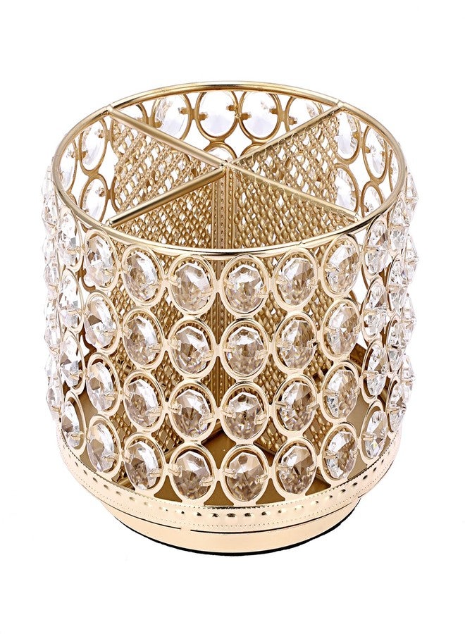 بي تي سكاي صندوق تخزين مزخرف دوار 360 درجة من الكريستال من BTSKY، مزود بأربعة أقسام، وحامل فرش مكياج معدني لامع، وحامل تخزين أنيق، وهدية ديكور منزلي للنساء، دائري - 4 فتحات ذهبية اللون - Image 1