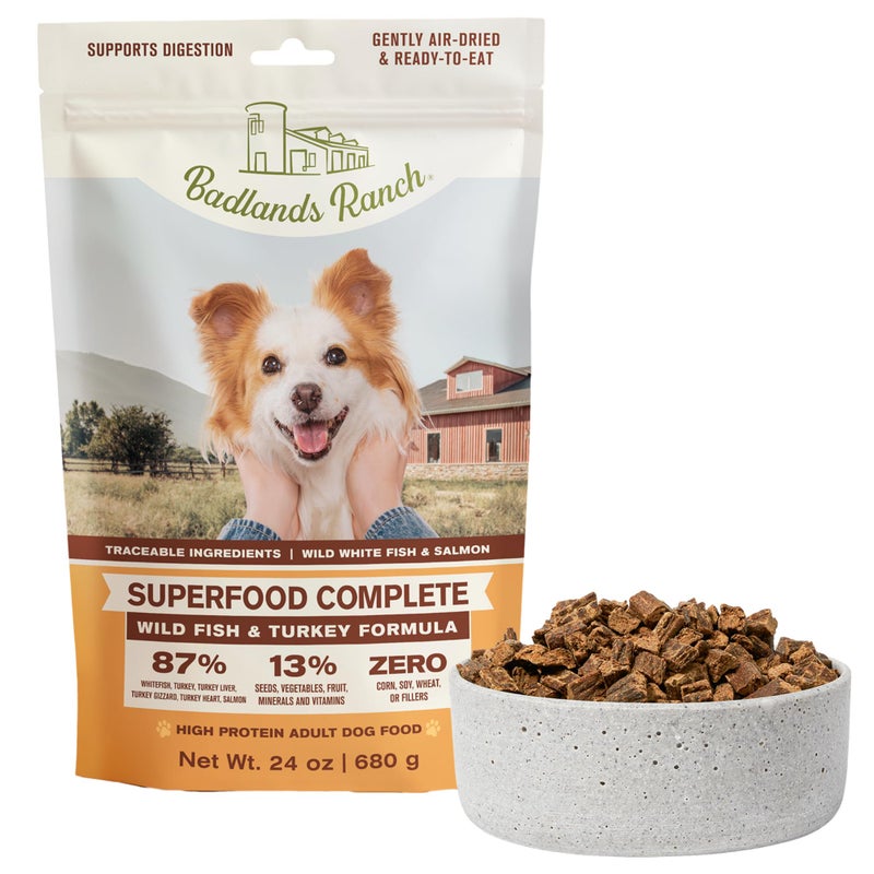 BADLANDS RANCH- Superfood Complete, Air-Dried Adult Dog Food - High Protein, Zero Fillers, Superfood Nutrition by Katherine Heigl (24 oz. Wild Fish and Turkey Formula) - Image 1
