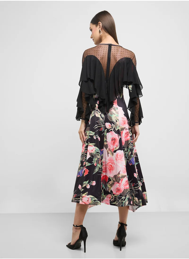 ELLA Floral Print Dress With Sheer Sleeves