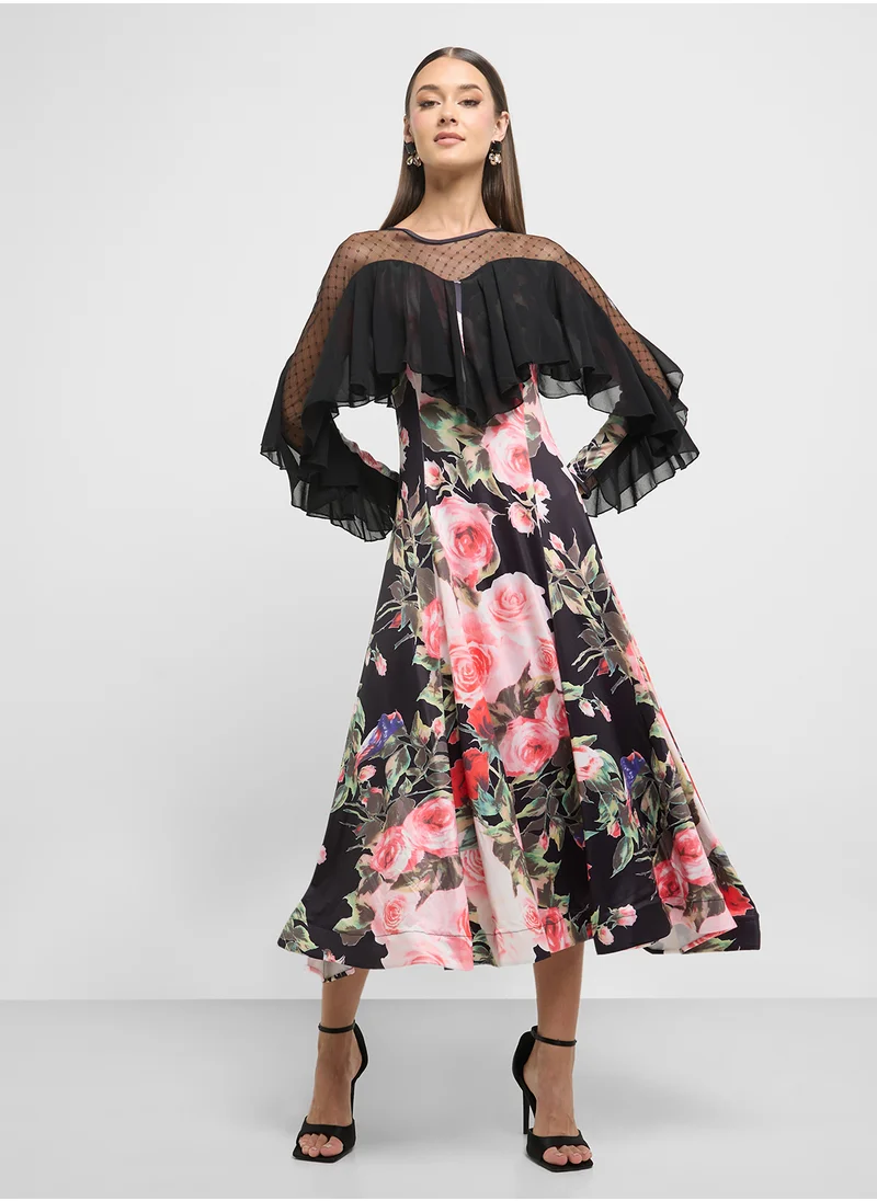 ELLA Floral Print Dress With Sheer Sleeves