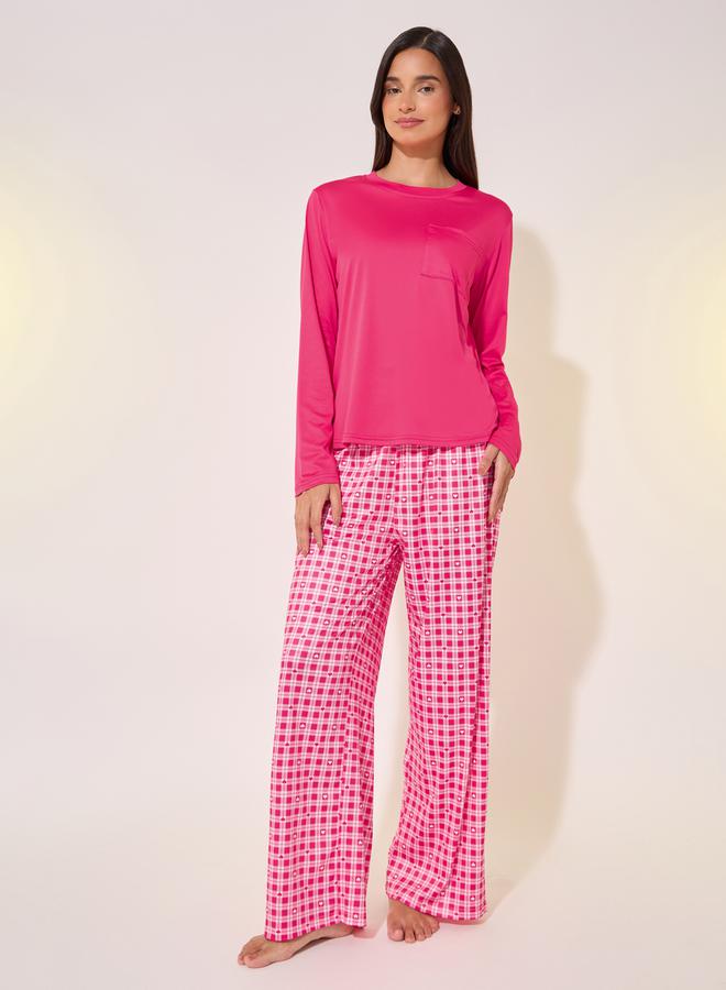 تايك تو طقم بيجامة بأكمام طويلة وياقة مستديرة بنقشة كاروهات - Image 1