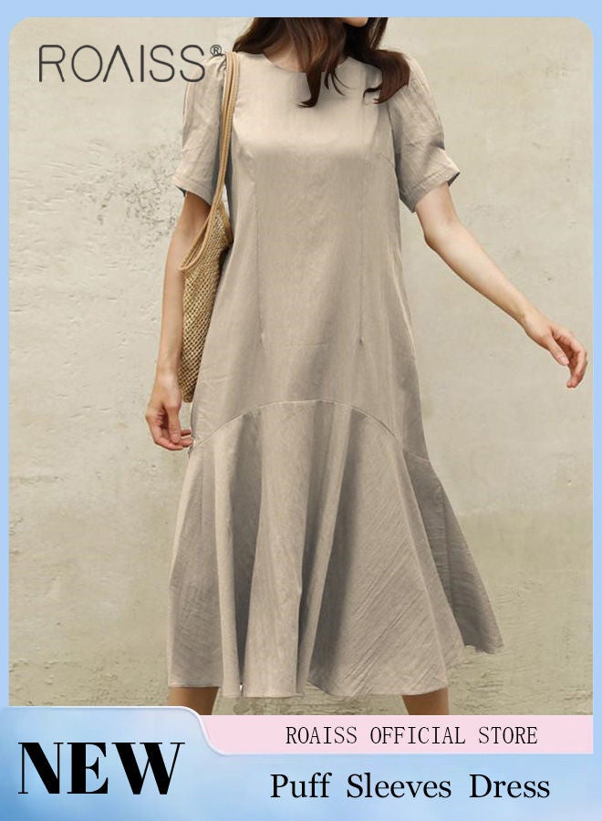 roaiss Ladies Comfortable Puff Sleeve Dress for Daily Commute Round Neckline Cotton Linen Dress with Simple Design and Soothing Solid Color Featuring High Waist - Image 1