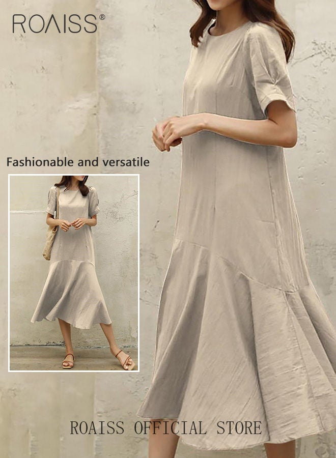 roaiss Ladies Comfortable Puff Sleeve Dress for Daily Commute Round Neckline Cotton Linen Dress with Simple Design and Soothing Solid Color Featuring High Waist - Image 5
