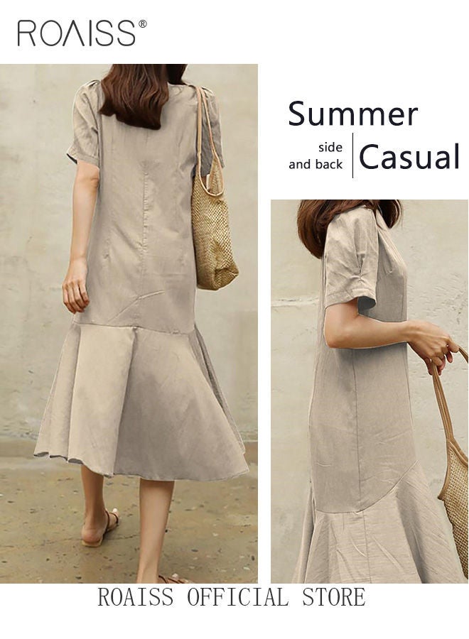 roaiss Ladies Comfortable Puff Sleeve Dress for Daily Commute Round Neckline Cotton Linen Dress with Simple Design and Soothing Solid Color Featuring High Waist - Image 4