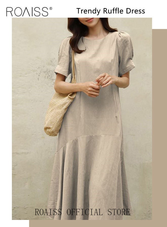 roaiss Ladies Comfortable Puff Sleeve Dress for Daily Commute Round Neckline Cotton Linen Dress with Simple Design and Soothing Solid Color Featuring High Waist - Image 3