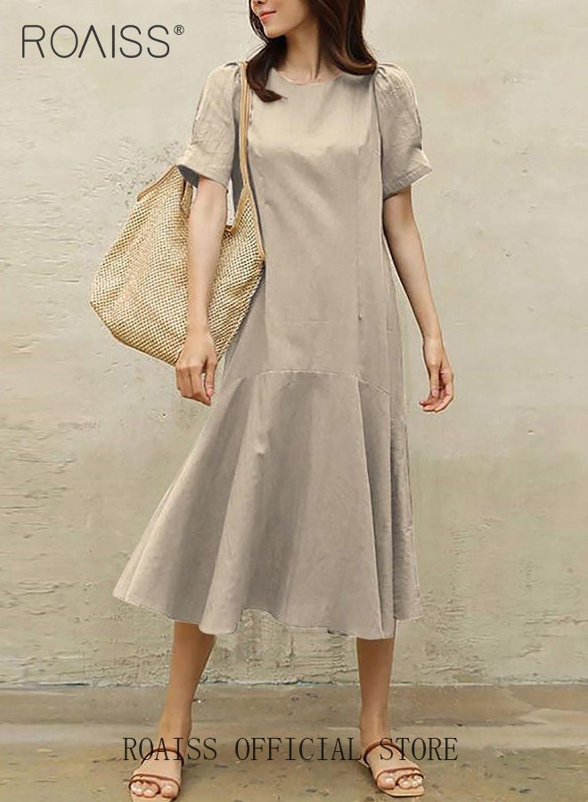 roaiss Ladies Comfortable Puff Sleeve Dress for Daily Commute Round Neckline Cotton Linen Dress with Simple Design and Soothing Solid Color Featuring High Waist - Image 2