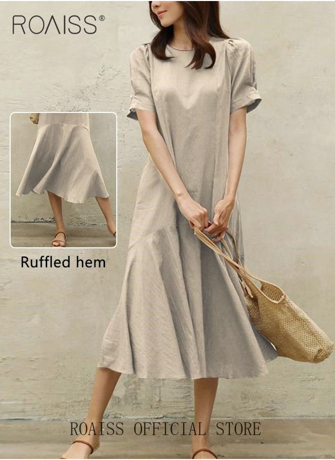 Ladies Comfortable Puff Sleeve Dress for Daily Commute Round Neckline Cotton Linen Dress with Simple Design and Soothing Solid Color Featuring High Waist - pzsku/Z8E5F324E6910B50D634BZ/45/_/1691390148/dfab96c4-d8e8-4e36-a827-a3cb441901d0