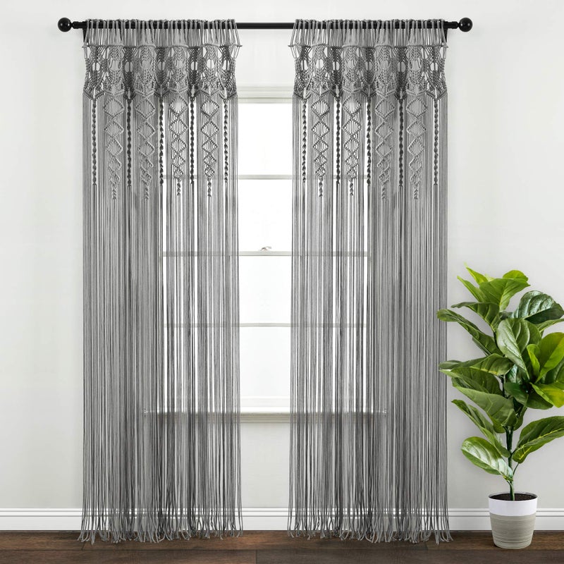 Lush Decor Boho Macrame Textured Cotton Window Curtain Panel Single 40 W x 95 L Gray Macrame Curtains for Windows Room Divider Boho Wall Decor - Image 2