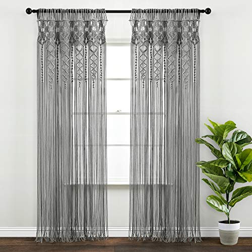 Lush Decor Boho Macrame Textured Cotton Window Curtain Panel Single 40 W x 95 L Gray Macrame Curtains for Windows Room Divider Boho Wall Decor - Image 1