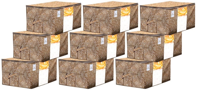 Kuber Industries Kuber Industries Metalic Printed 9 Piece Non Woven Underbed Storage BagStorage OrganiserBlanket Cover with Transparent WindowExtra Large Beige CTKTC34475  - Image 1