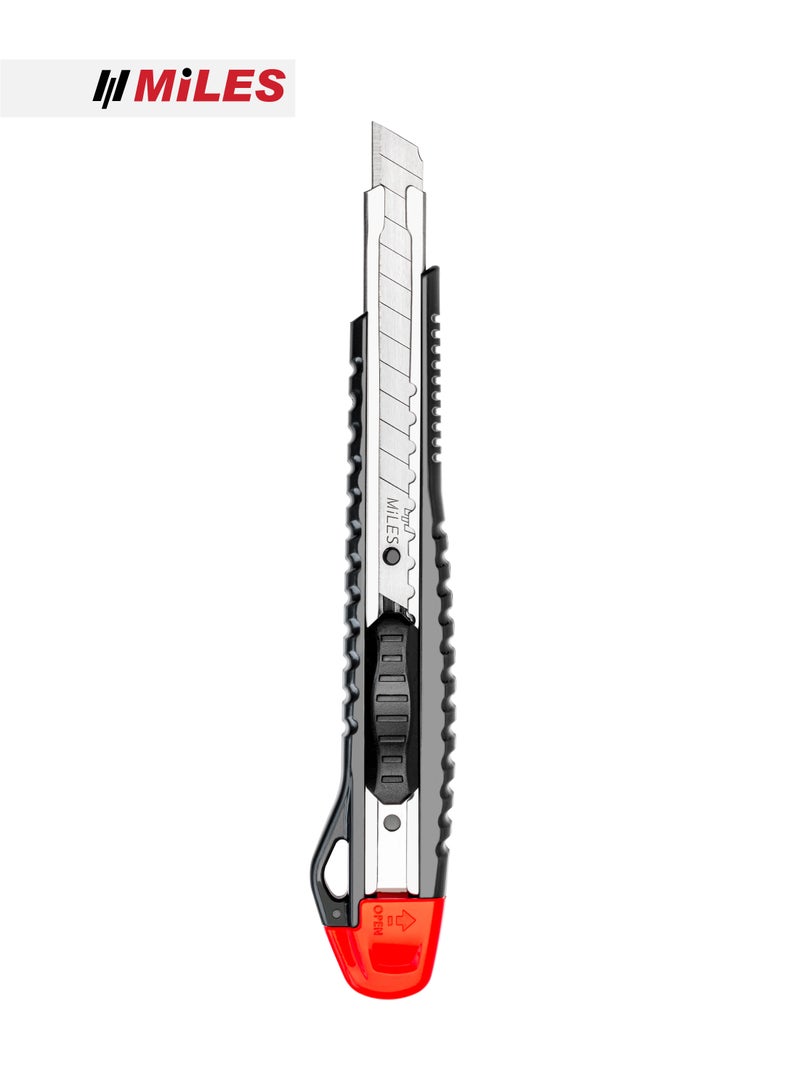 MiLES 9mm Auto Lock Cutter Knife with Metal Channel & Snap-Off Blade - Assorted Colours - Image 1