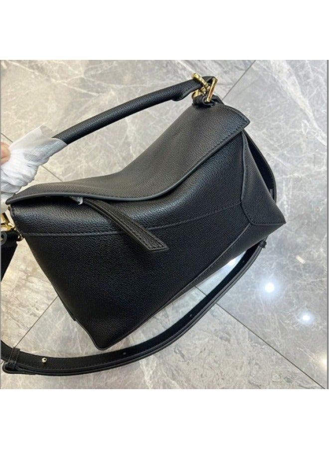 Luojia 24 Geometric Bag Original Leather Puzzle Edge Box Bag Large Capacity Cowhide Ladies Crossbody Bag-Color:Black Gold Buckle-Size:24cm Blank  - Image 1