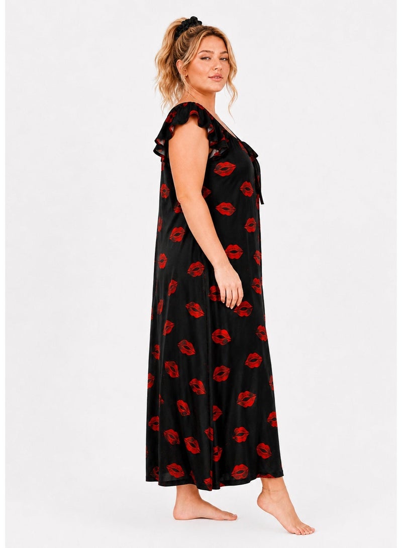 Women’s Lingerie Jalabiya Long Lip Print Satin-Look Nightgown with Ruffle Sleeves, Sleepwear Loungewear, Black/Red - 900 - Image 3