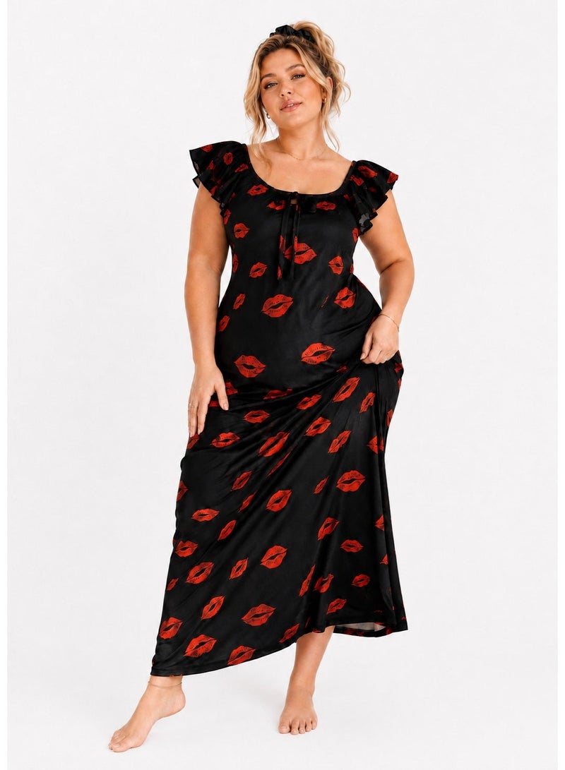 Women’s Lingerie Jalabiya Long Lip Print Satin-Look Nightgown with Ruffle Sleeves, Sleepwear Loungewear, Black/Red - 900 - Image 1