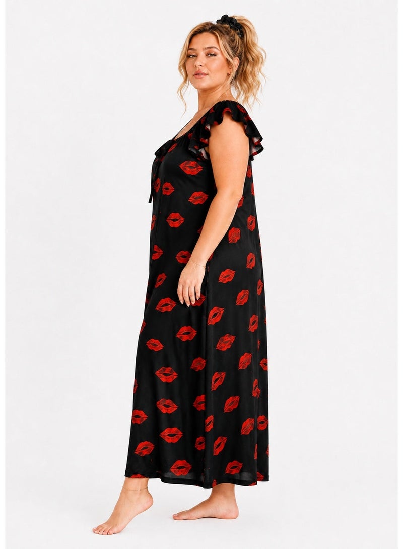 Women’s Lingerie Jalabiya Long Lip Print Satin-Look Nightgown with Ruffle Sleeves, Sleepwear Loungewear, Black/Red - 900 - Image 4