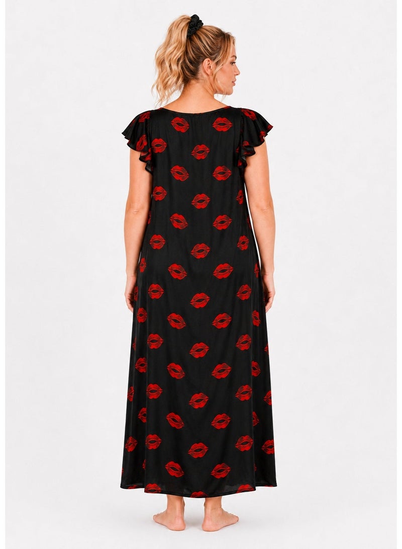 Women’s Lingerie Jalabiya Long Lip Print Satin-Look Nightgown with Ruffle Sleeves, Sleepwear Loungewear, Black/Red - 900 - Image 2