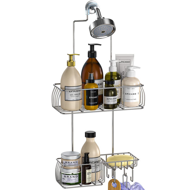 Epicano Anti-Swing Hanging Shower Caddy Stainless Steel 304  Over Head Shower Caddy Rustproof with hooks for Towels  Sponge and more  Chrome - Image 1