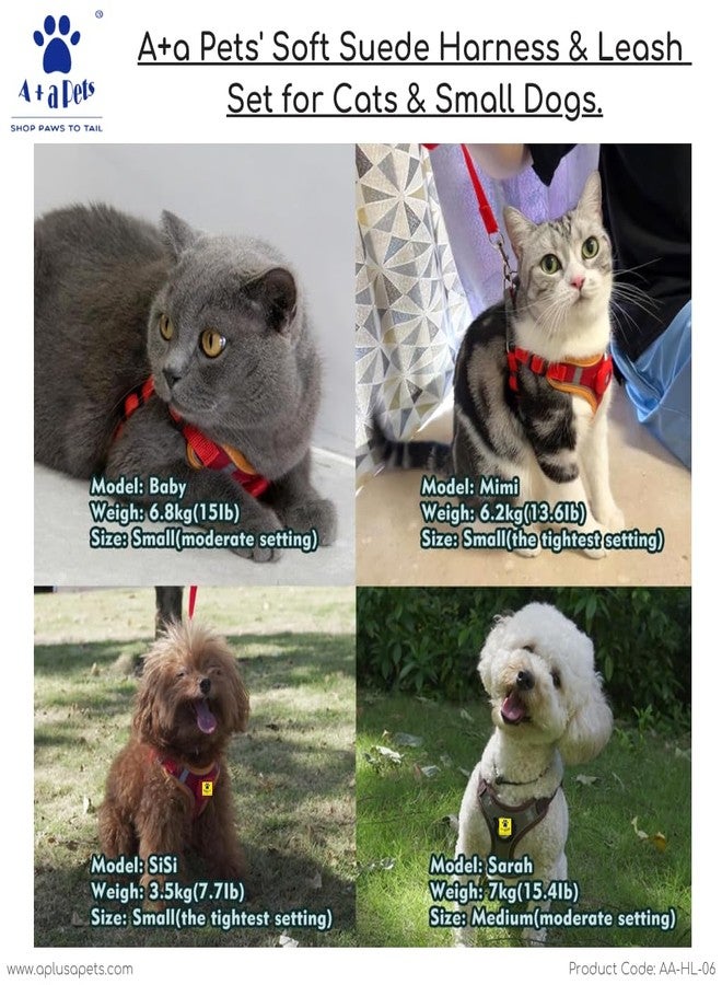 A+a Pets' Suede Harness & Leash Set for Cats, Small Dogs | Escape Proof | Night Safety Reflective Strips | 2 Leash Points (S, Red) - Image 5