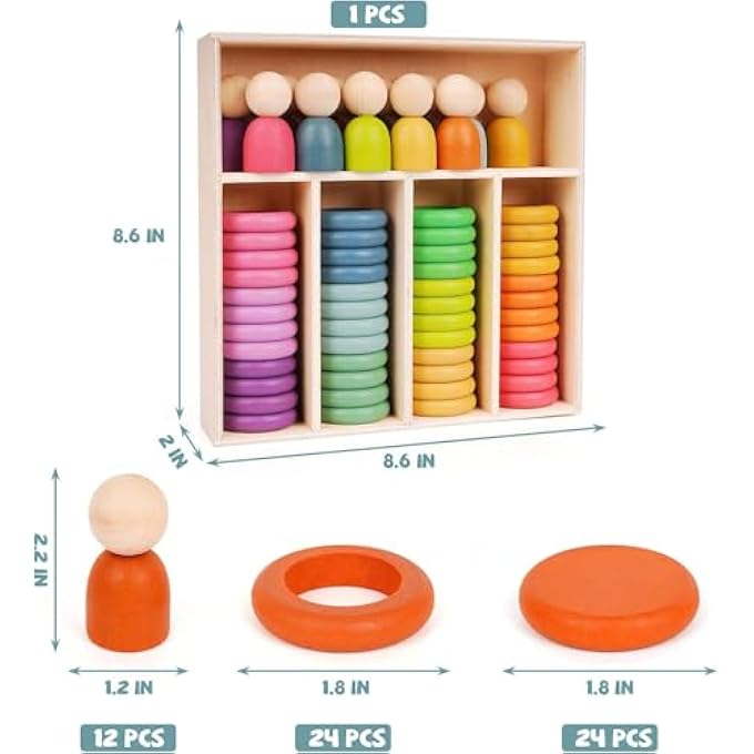 AM ANNA Rainbow Wooden Peg Dolls Counting Toys, Montessori Wooden Color Sorting Stacking Rings,Circular Building Blocks Stacking Game,Fine Motor Skill Toys for 1 Year Old Toddlers - Image 2