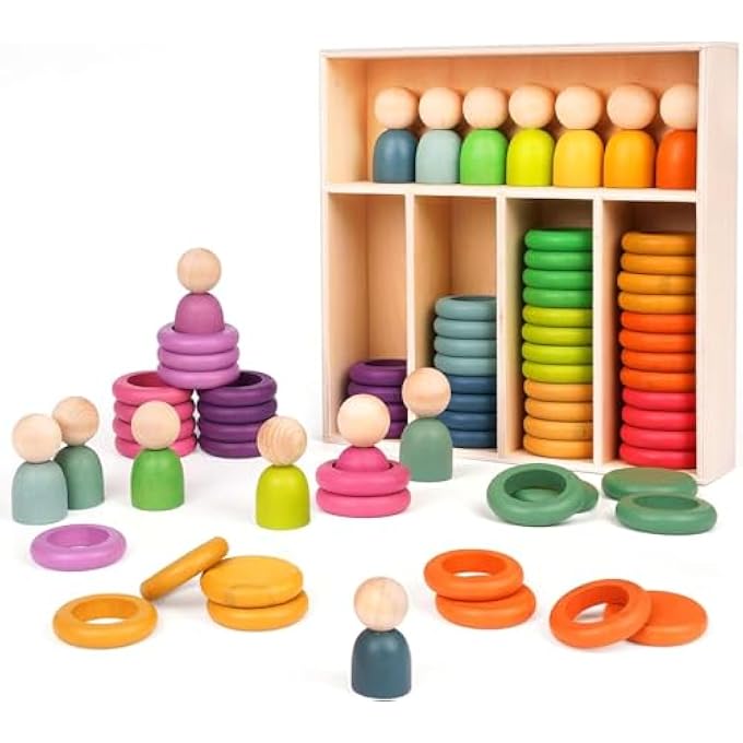 AM ANNA Rainbow Wooden Peg Dolls Counting Toys, Montessori Wooden Color Sorting Stacking Rings,Circular Building Blocks Stacking Game,Fine Motor Skill Toys for 1 Year Old Toddlers - Image 1