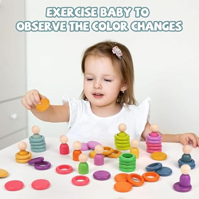 AM ANNA Rainbow Wooden Peg Dolls Counting Toys, Montessori Wooden Color Sorting Stacking Rings,Circular Building Blocks Stacking Game,Fine Motor Skill Toys for 1 Year Old Toddlers - Image 3