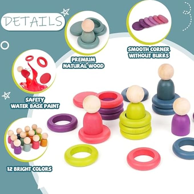 AM ANNA Rainbow Wooden Peg Dolls Counting Toys, Montessori Wooden Color Sorting Stacking Rings,Circular Building Blocks Stacking Game,Fine Motor Skill Toys for 1 Year Old Toddlers - Image 5