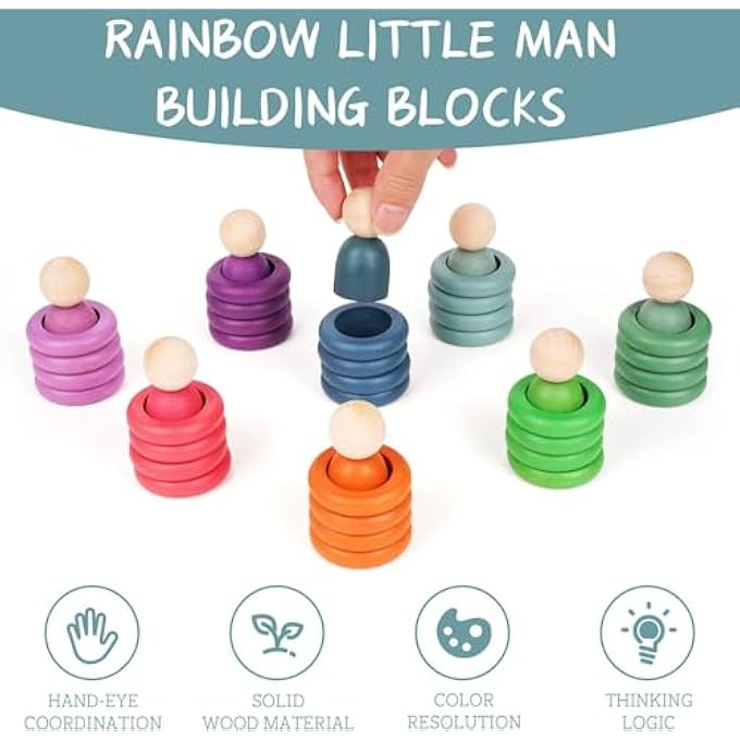 AM ANNA Rainbow Wooden Peg Dolls Counting Toys, Montessori Wooden Color Sorting Stacking Rings,Circular Building Blocks Stacking Game,Fine Motor Skill Toys for 1 Year Old Toddlers - Image 4