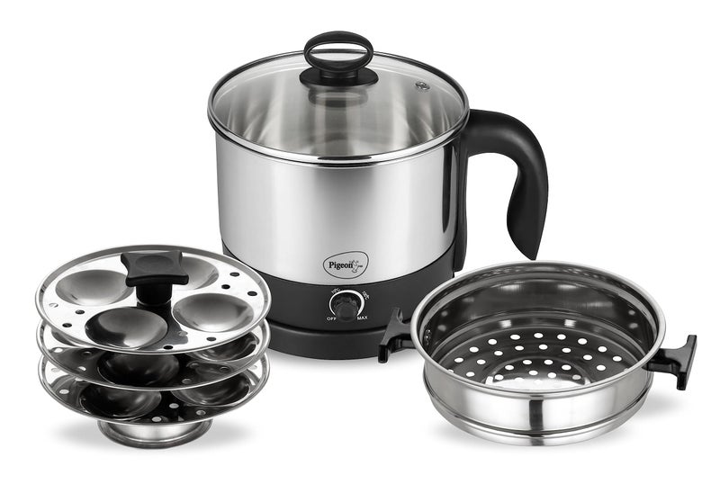 Pigeon By Stovekraft 1.5 Liters Multipurpose Kessel 3 In 1 Value Pack, Multi Cooker, Idli Stand With 3 Plates, Steamer With Stainless Steel Stand (Black & Silver), 600 Watts - Image 1