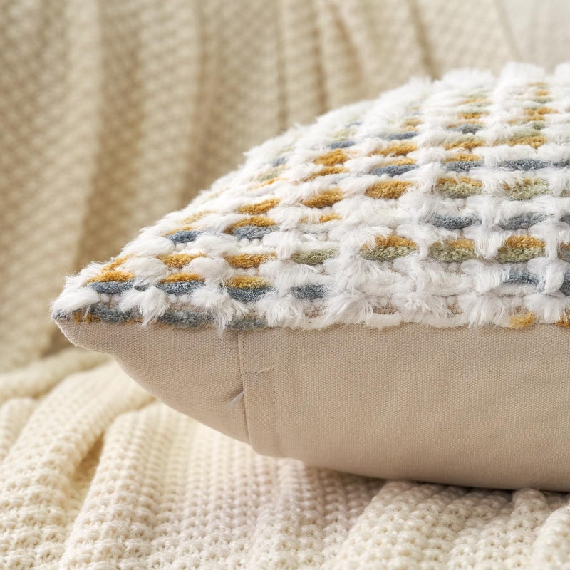 Aeckself Boho Chenille Tufted Pillow Cover 12 x 20 Inch, Rectangle Decorative Lumbar Throw Pillow Cover Neutral Pillowcase for Couch Bedroom Living Room, Yellow White - Image 4