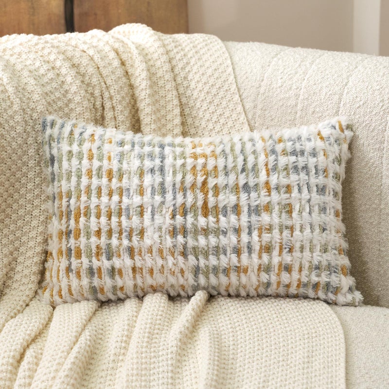 Aeckself Boho Chenille Tufted Pillow Cover 12 x 20 Inch, Rectangle Decorative Lumbar Throw Pillow Cover Neutral Pillowcase for Couch Bedroom Living Room, Yellow White - Image 2