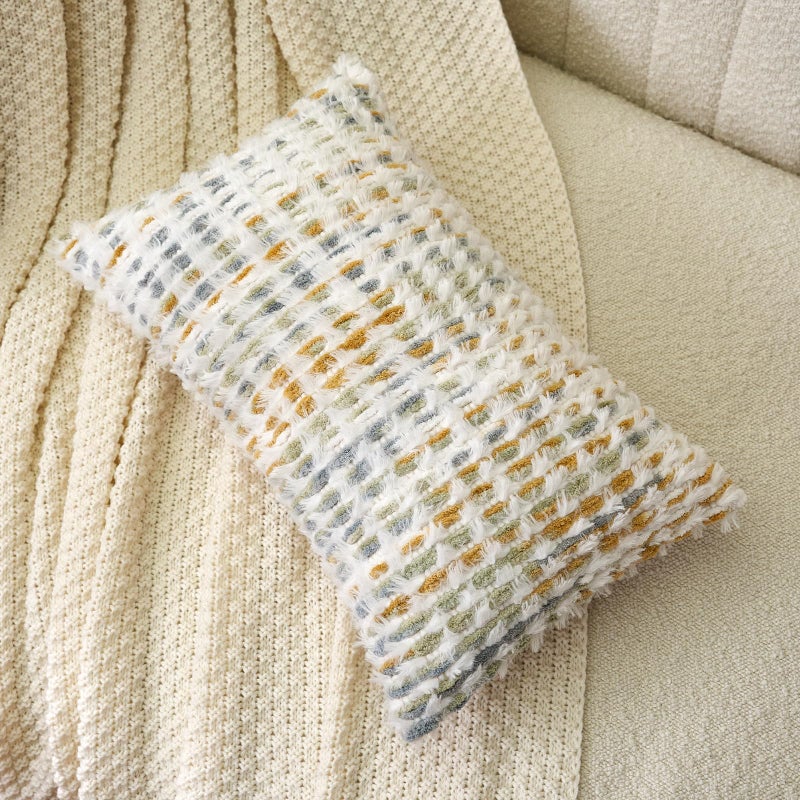 Aeckself Boho Chenille Tufted Pillow Cover 12 x 20 Inch, Rectangle Decorative Lumbar Throw Pillow Cover Neutral Pillowcase for Couch Bedroom Living Room, Yellow White - Image 3